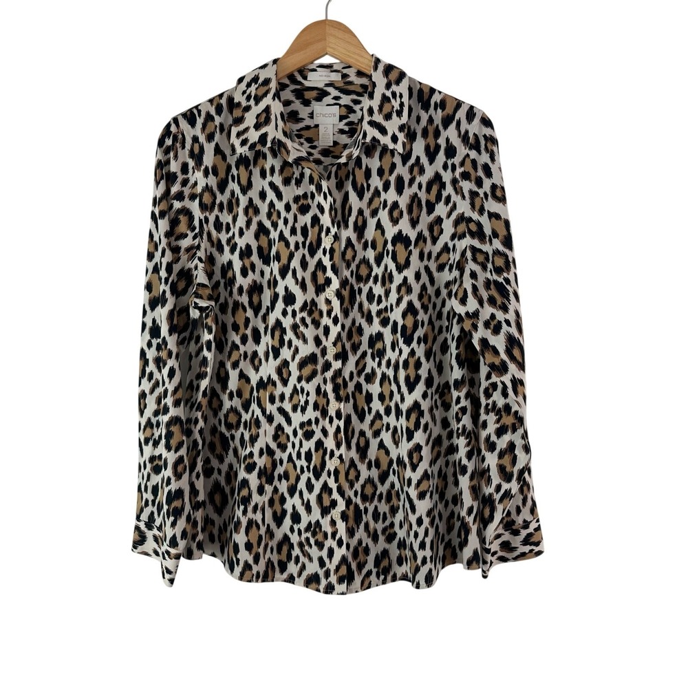 Chico's Animal Print Blouse Long Sleeve Button Up No Iron Womens Large
